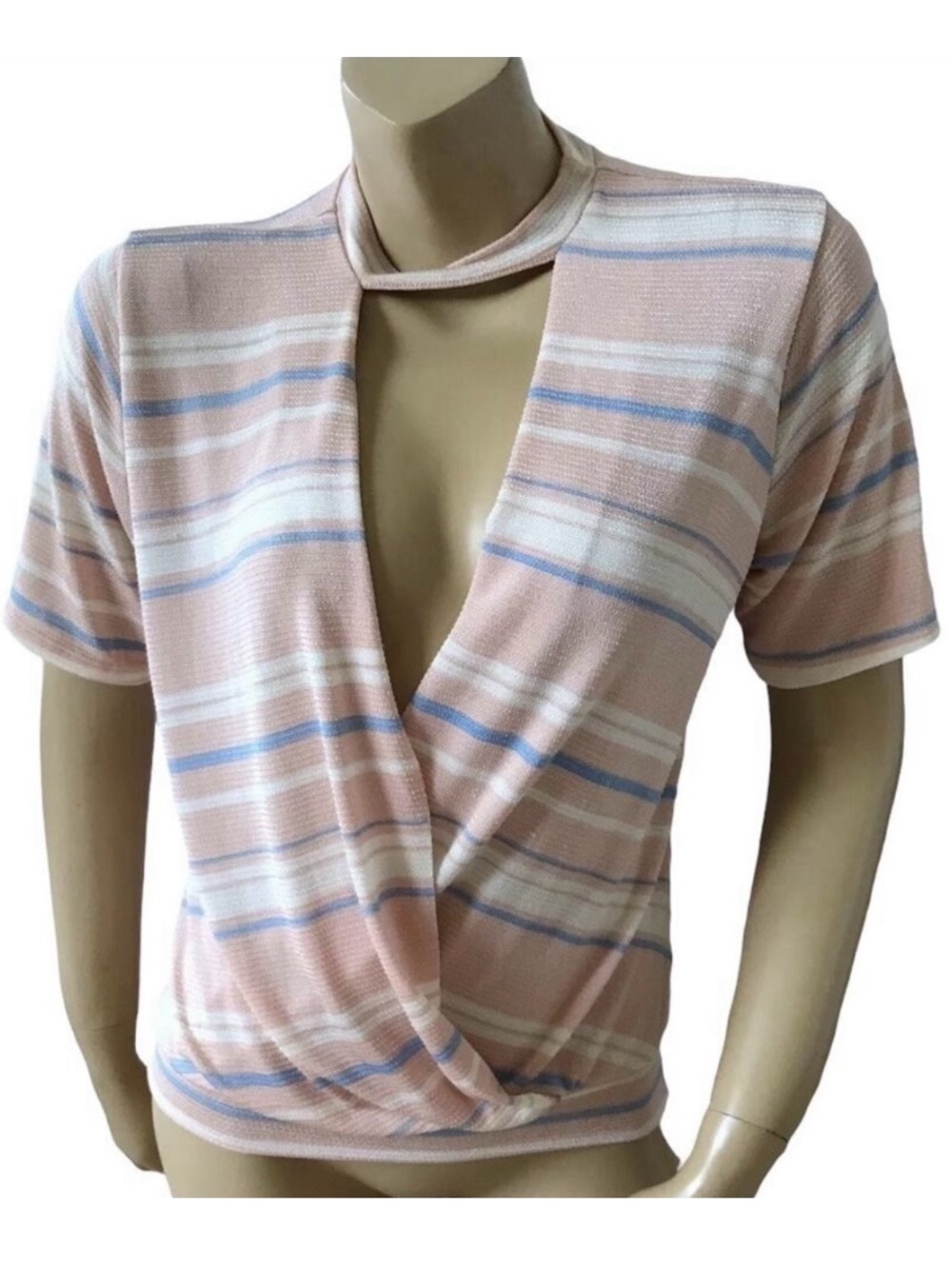 BKE Red Faux Wrap Top Womens Small Striped Surplice Keyhole V Neck Short Sleeve